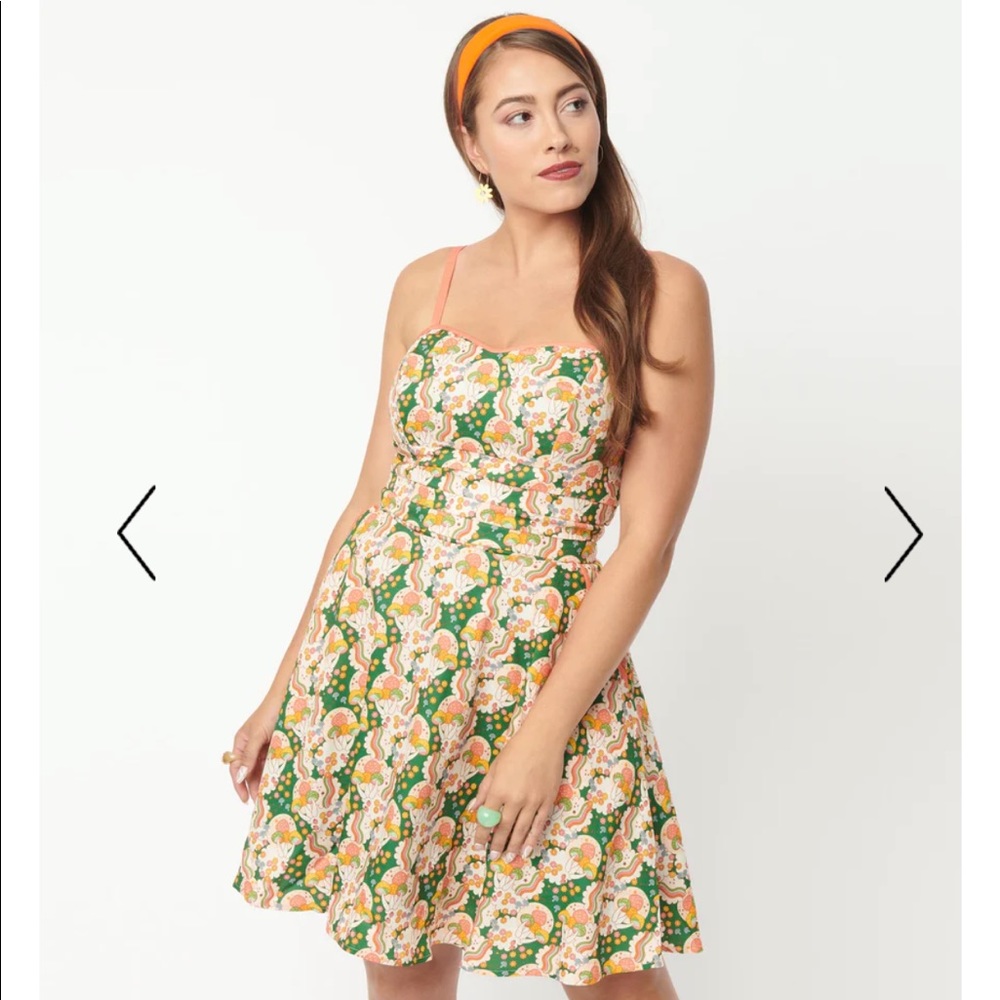 NWT Unique Vintage Follow Your Heart Green and Mushroom Print Dress